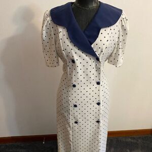 Sabino Vintage White/Navy Blue Polka dot double breasted dress, size 12